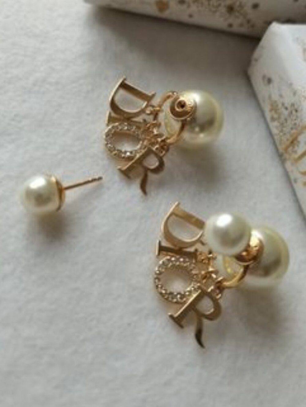 Christian Dior Tribales Crystal Drop Charms and Pearls Gold Tone Stud Earrings - Picture 2 of 5